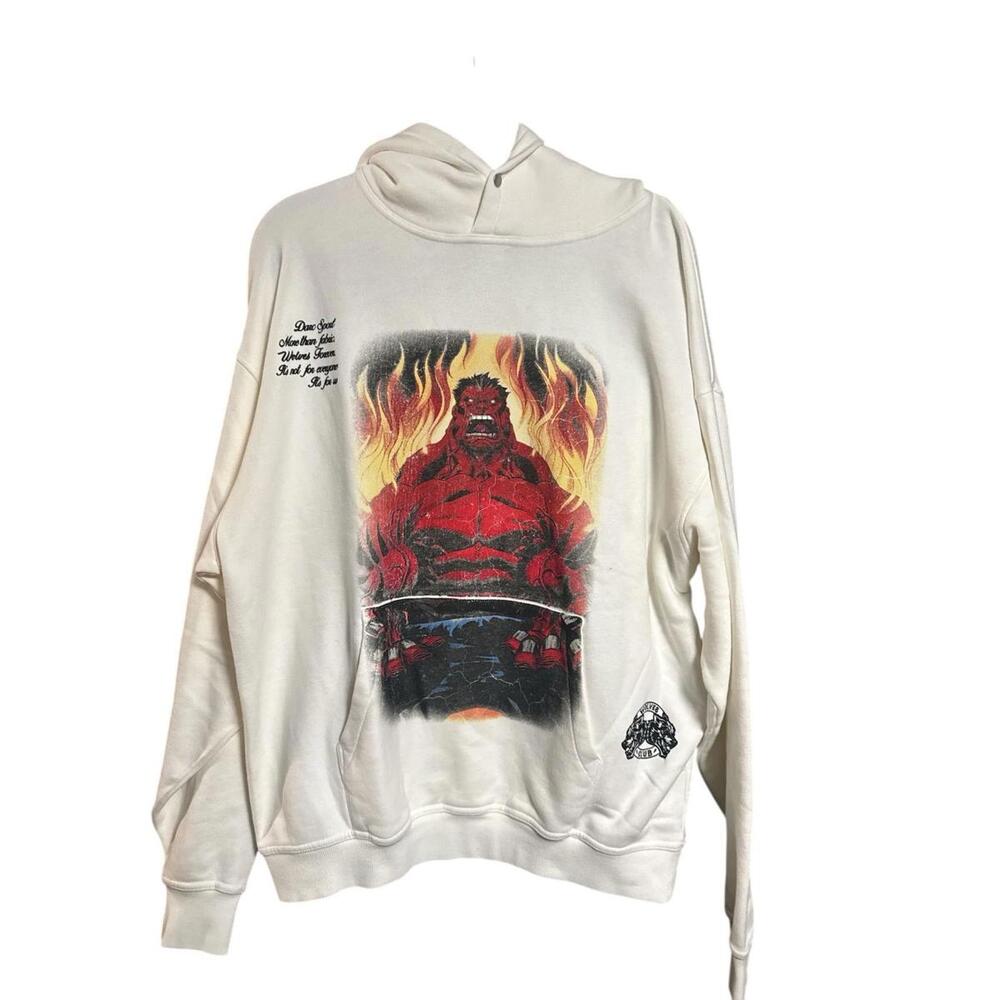White Graphic Hoodie with Red Demon and Flames Design